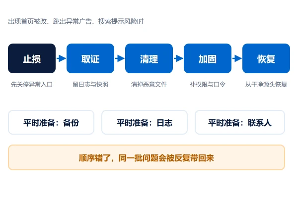 网站被篡改后的处理顺序：先止损、再查因、后恢复